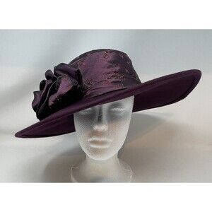 VTG Miss Bierner Wool Wide Brim Hat Purple Sequin Ruched Satin Crown Floral Bow